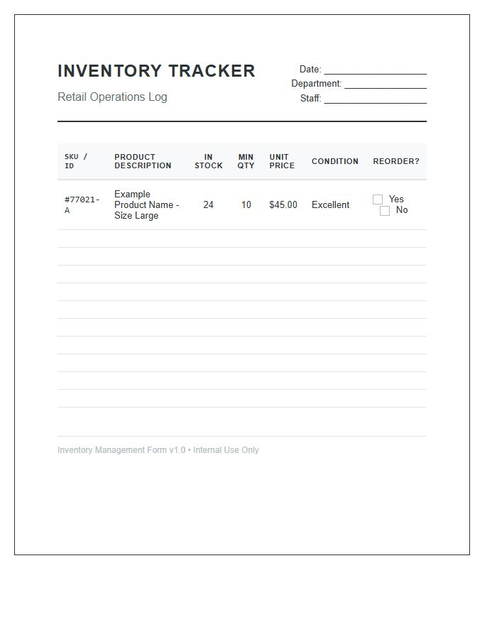 Retail Store Inventory Management Tracker Printable Chart