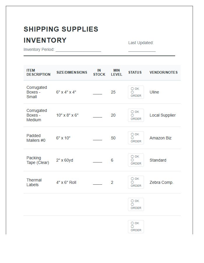Shipping Supplies Inventory Management Tracker Printable Chart