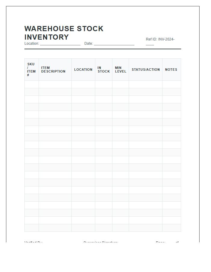 Warehouse Stock Inventory Management Tracker Printable Chart