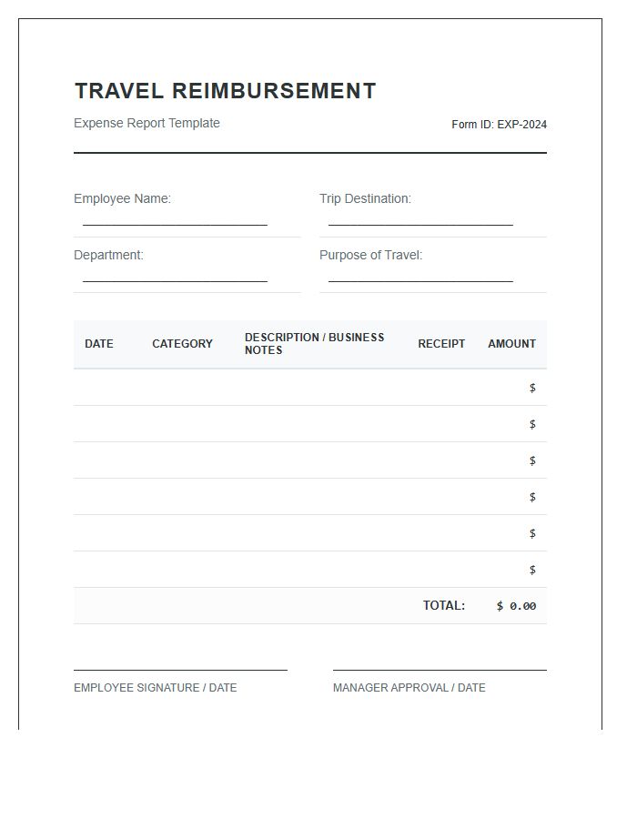 Business Travel Reimbursement Printable Chart