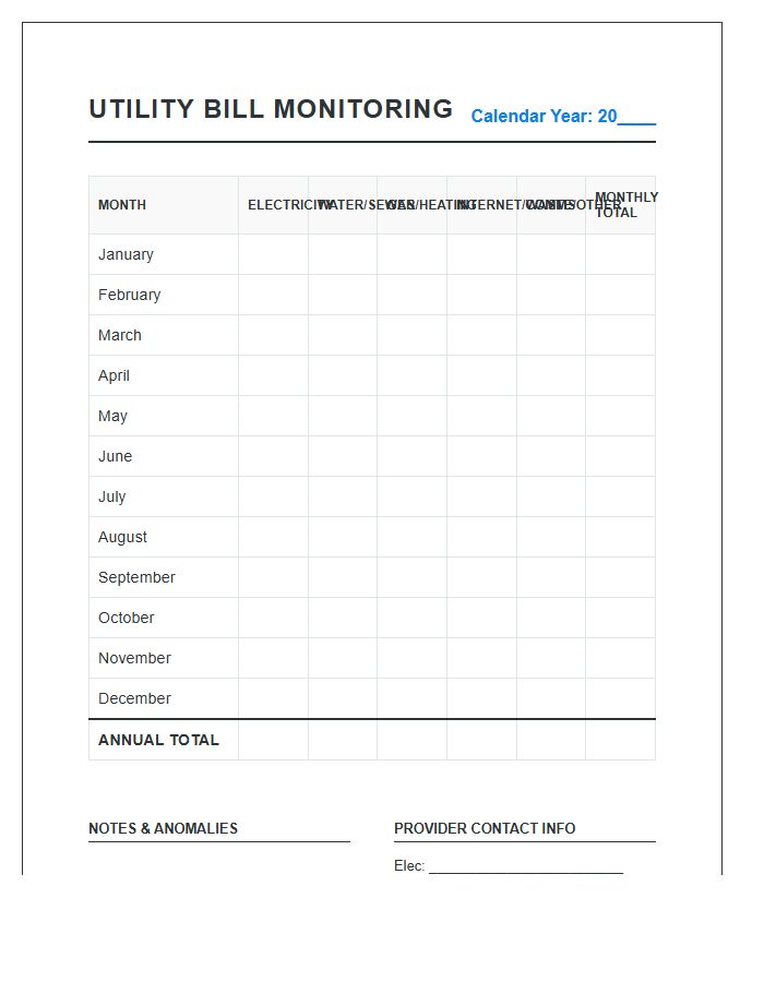 Categorized Utility Bill Monitoring Printable Chart