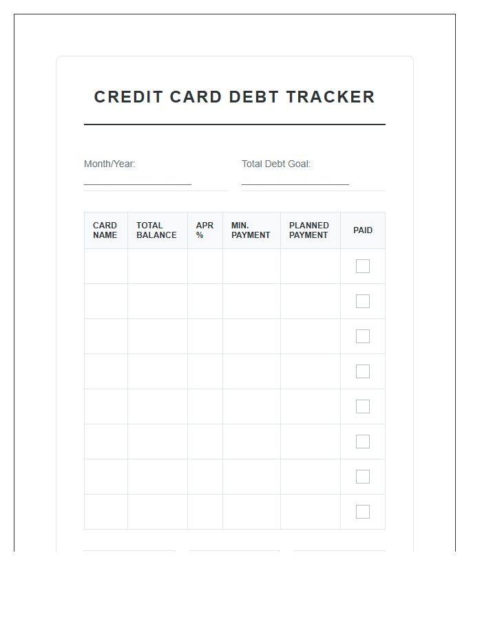 Credit Card Debt Management Printable Chart