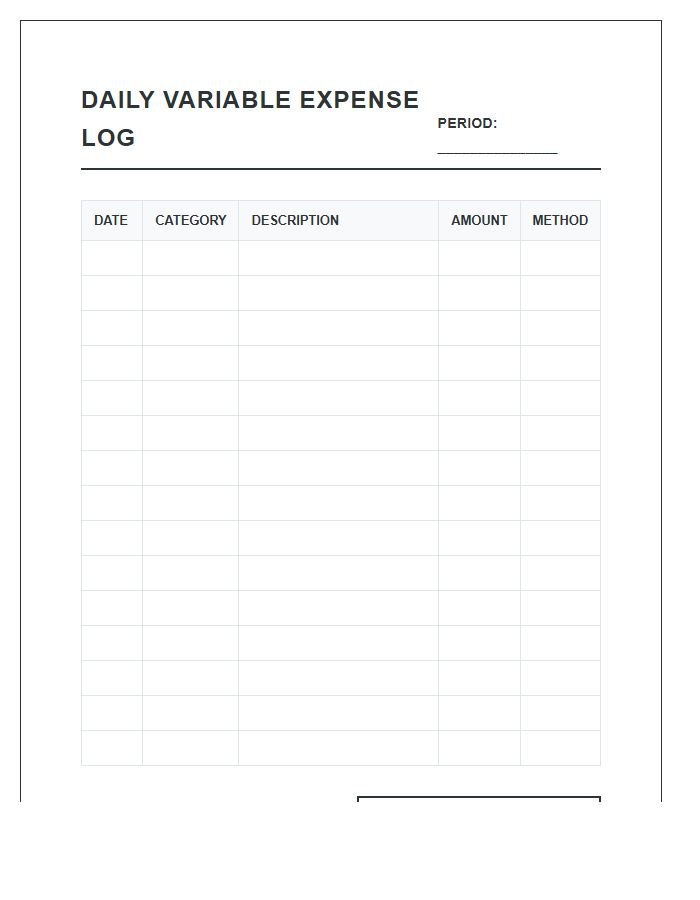 Daily Variable Expense Log Printable Chart