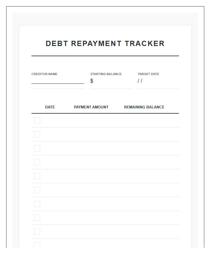 Debt Repayment Progress Tracker Printable Chart