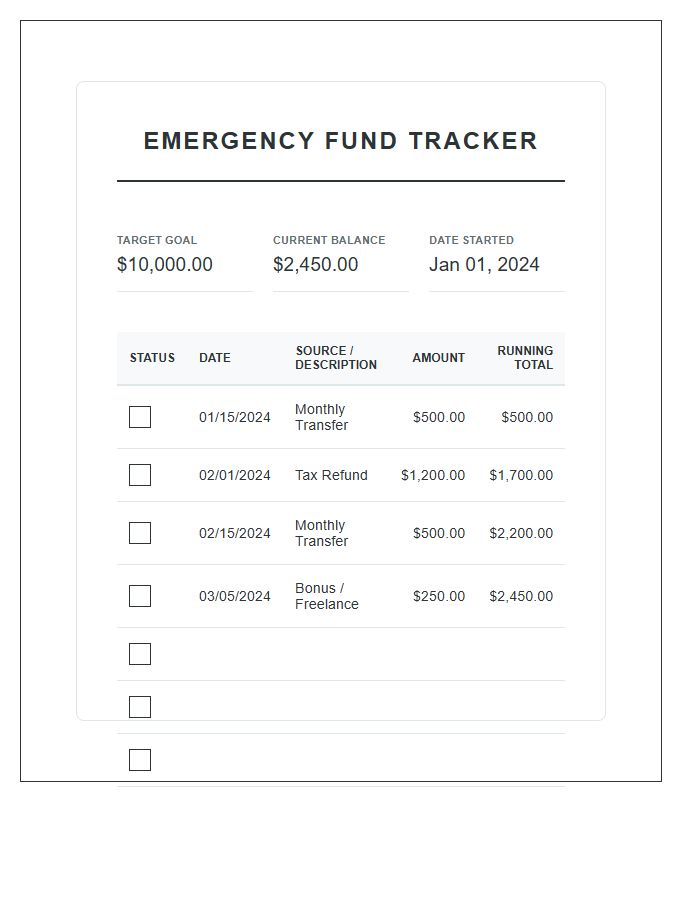 Emergency Fund Contribution Printable Chart