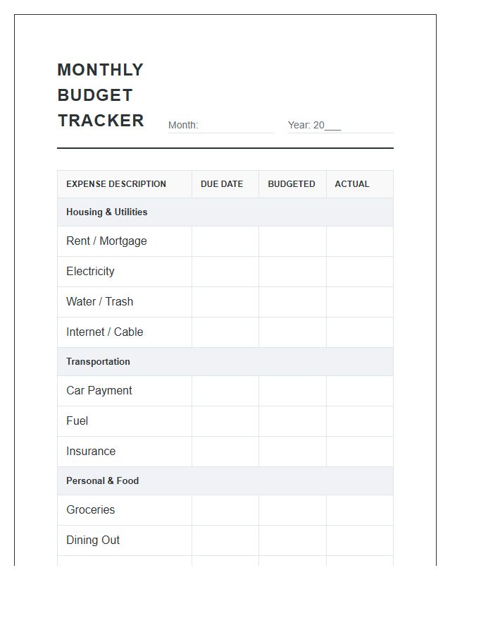 Monthly Budget Expense Management Tracker Printable Chart