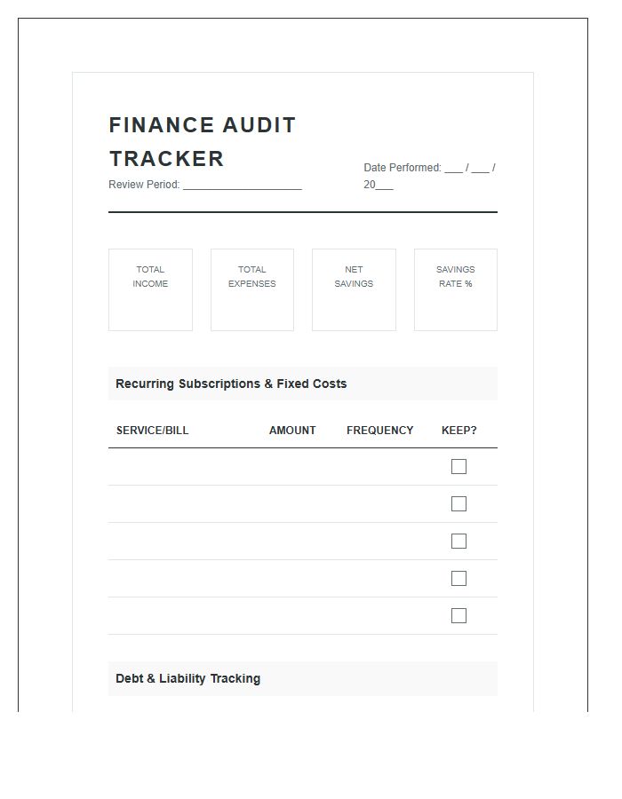 Personal Finance Audit Tracker Printable Chart