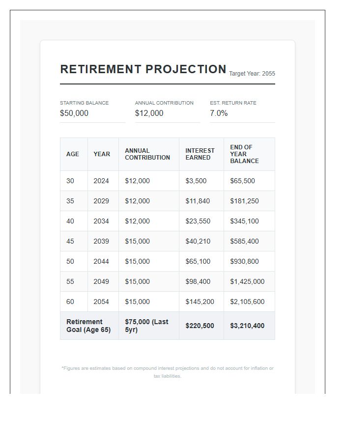 Retirement Savings Projection Printable Chart