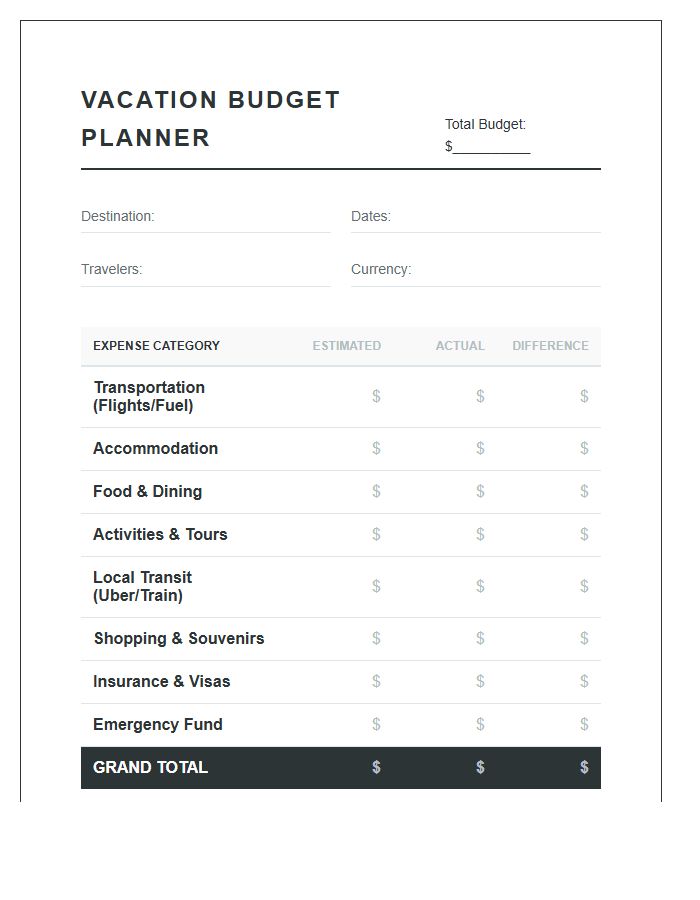 Vacation Planning Budget Printable Chart