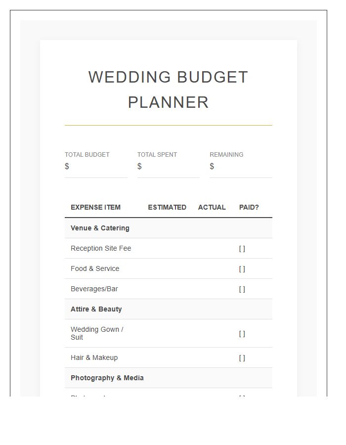 Wedding Cost Management Printable Chart