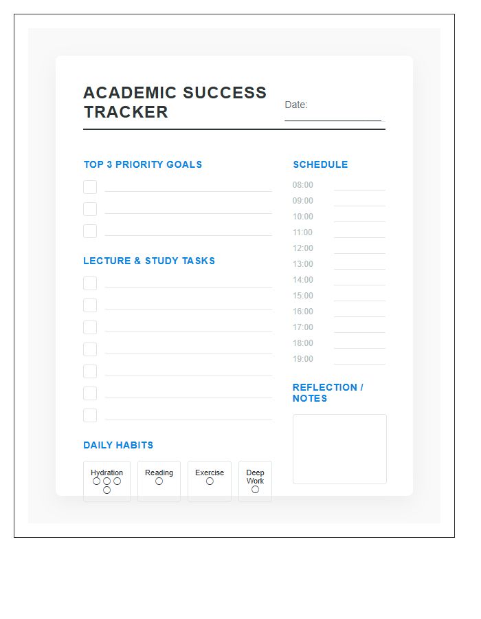 Academic Success Daily Productivity Tracker Printable Chart