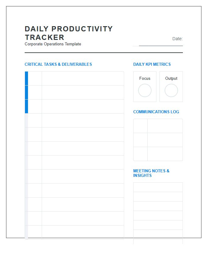 Corporate Task Daily Productivity Tracker Printable Chart