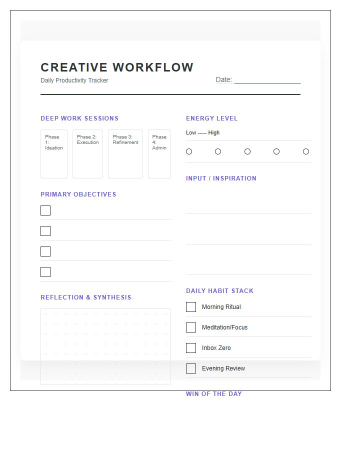 Creative Workflow Daily Productivity Tracker Printable Chart