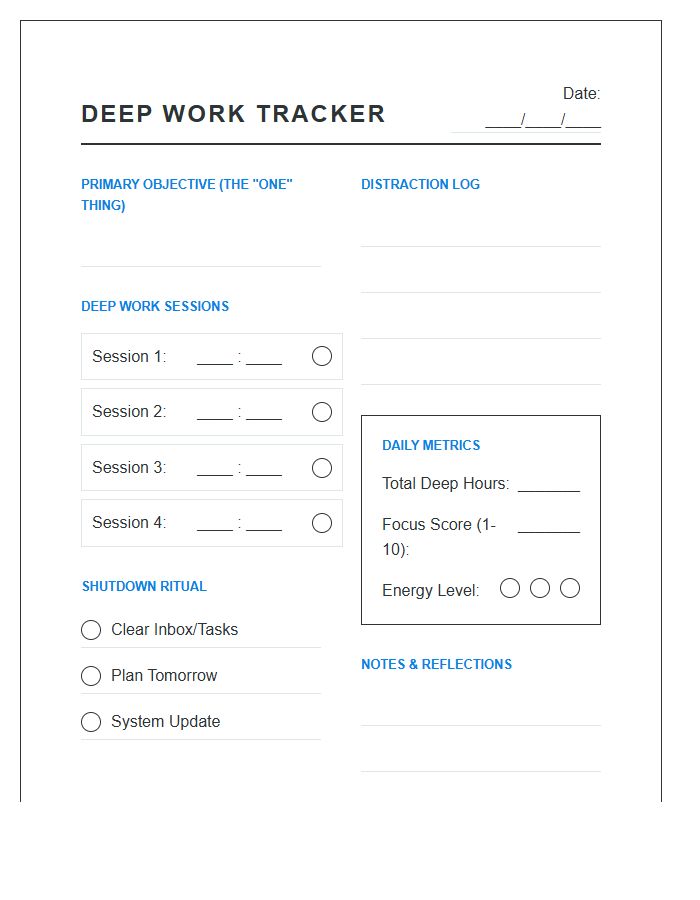 Deep Work Session Daily Productivity Tracker Printable Chart