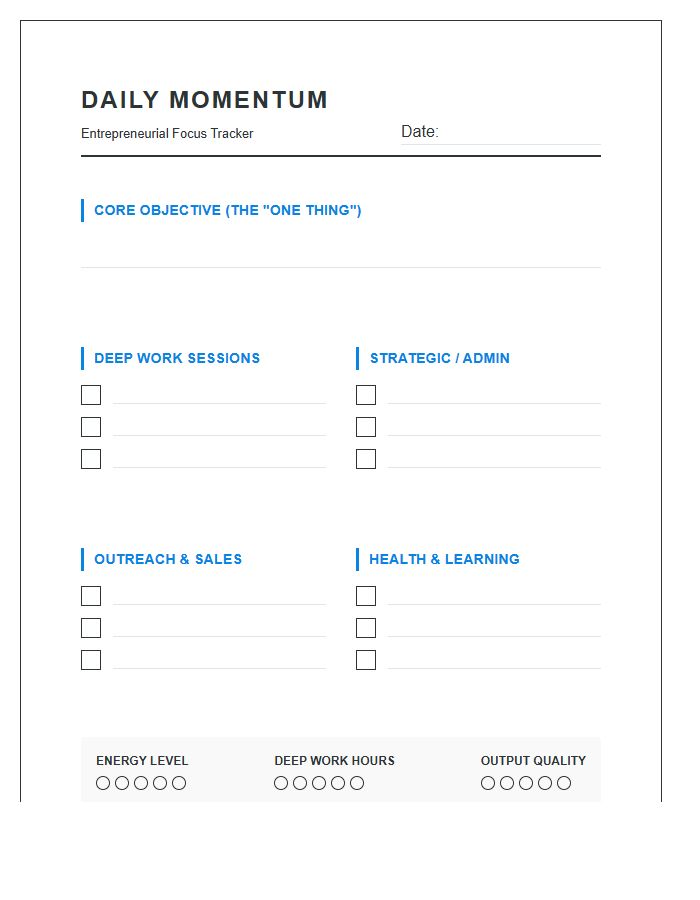 Entrepreneurial Focus Daily Productivity Tracker Printable Chart
