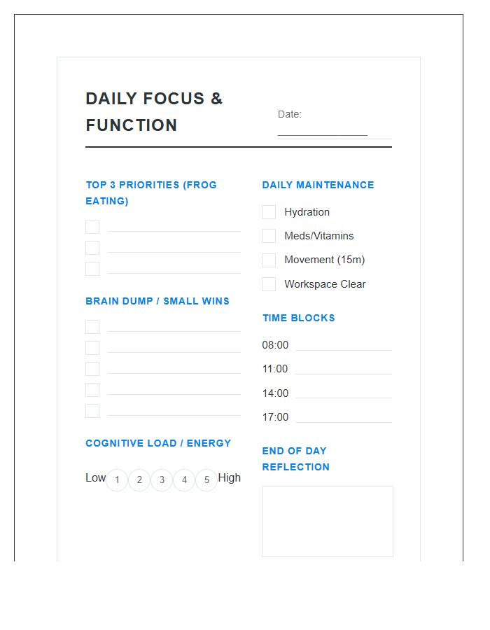 Executive Function Daily Productivity Tracker Printable Chart