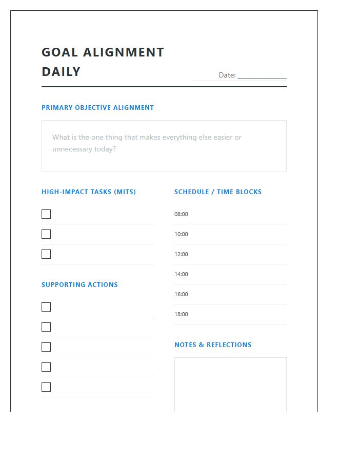 Goal Alignment Daily Productivity Tracker Printable Chart