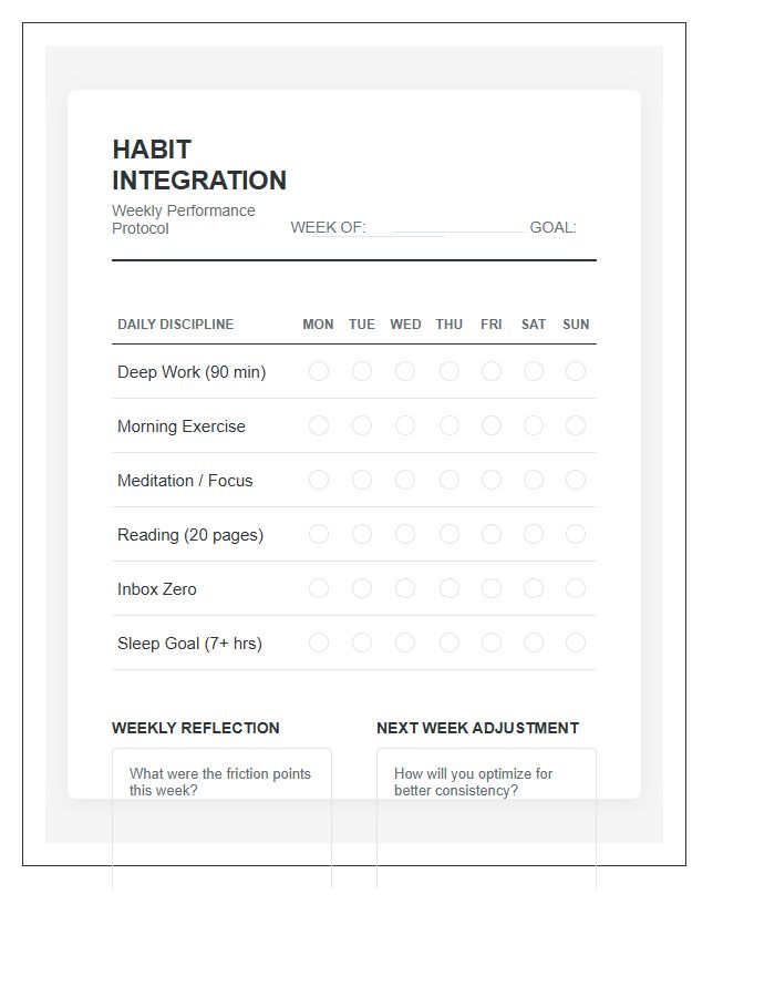 Habit Integration Daily Productivity Tracker Printable Chart