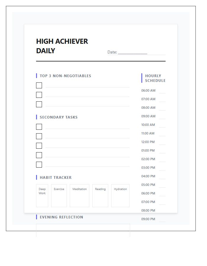 High Achiever Daily Productivity Tracker Printable Chart