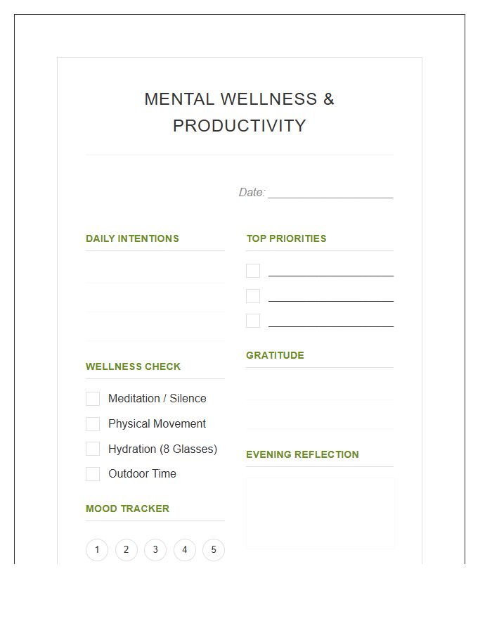 Mental Wellness Daily Productivity Tracker Printable Chart