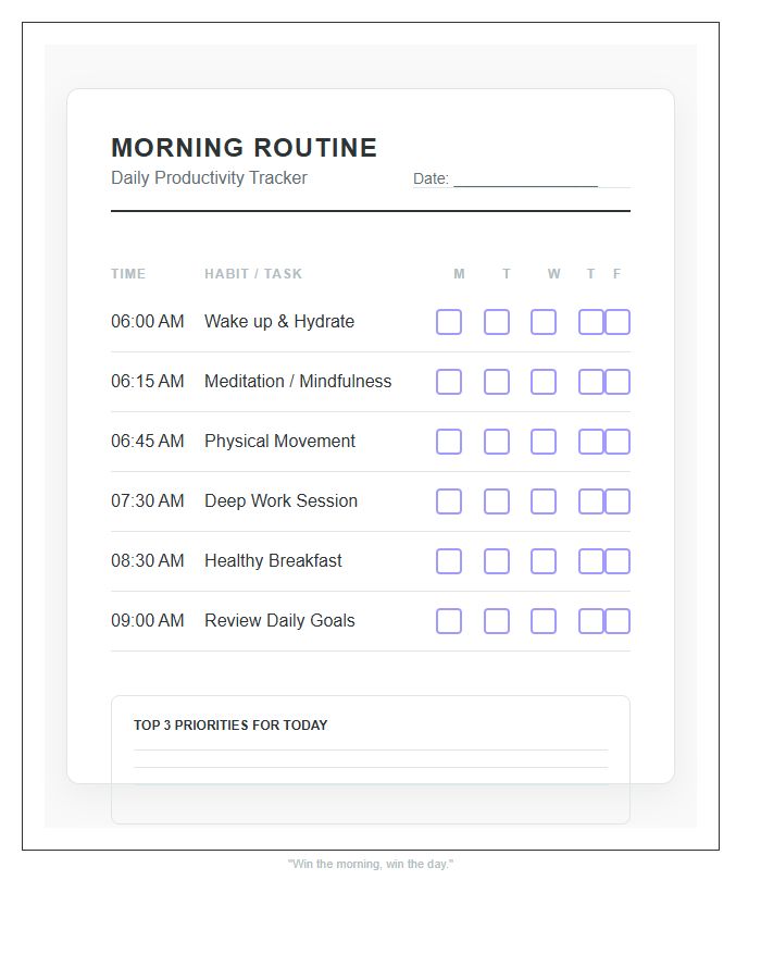 Morning Routine Daily Productivity Tracker Printable Chart