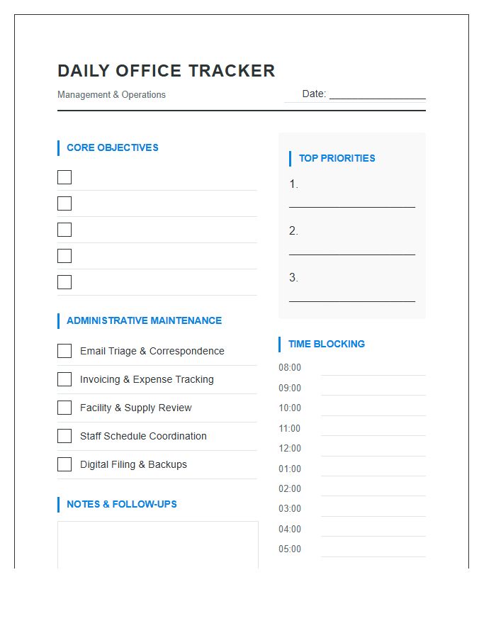 Office Management Daily Productivity Tracker Printable Chart