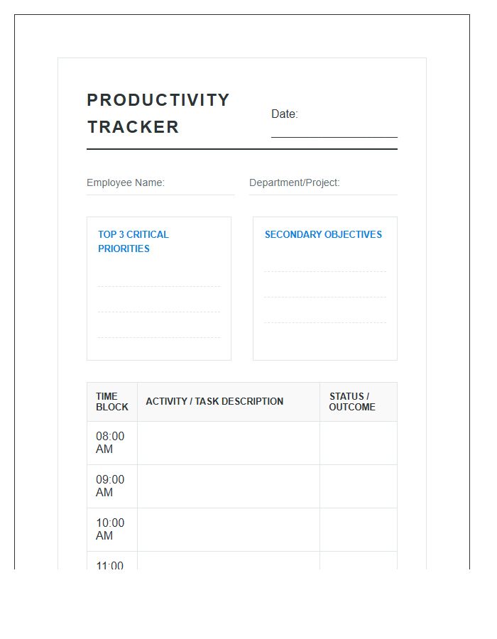 Professional Employee Daily Productivity Tracker Printable Chart