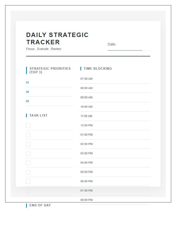 Strategic Planning Daily Productivity Tracker Printable Chart
