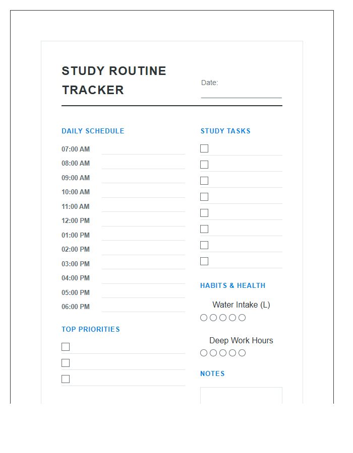 Student Study Routine Daily Productivity Tracker Printable Chart
