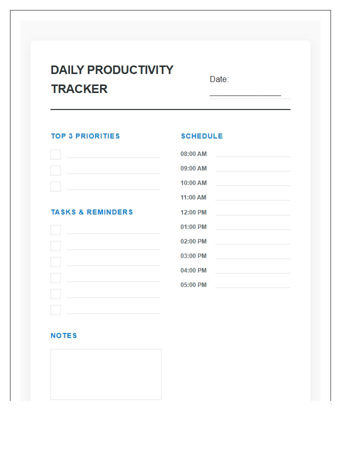 Work From Home Daily Productivity Tracker Printable Chart
