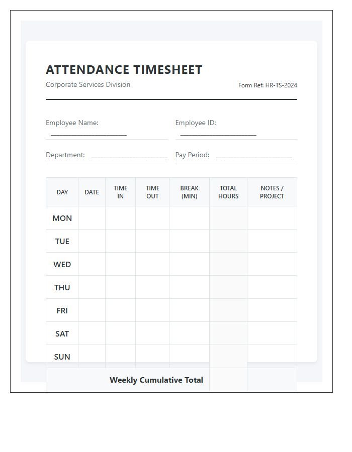 Corporate Employee Time Attendance Printable Chart
