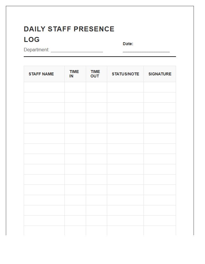 Daily Staff Presence Logging Printable Chart