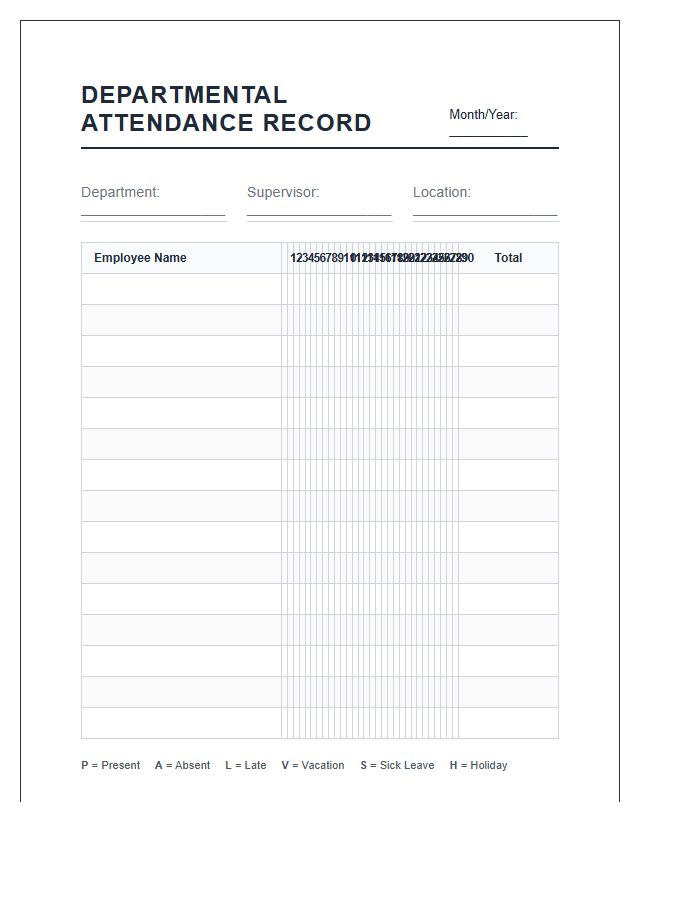 Departmental Attendance Record Keeping Printable Chart