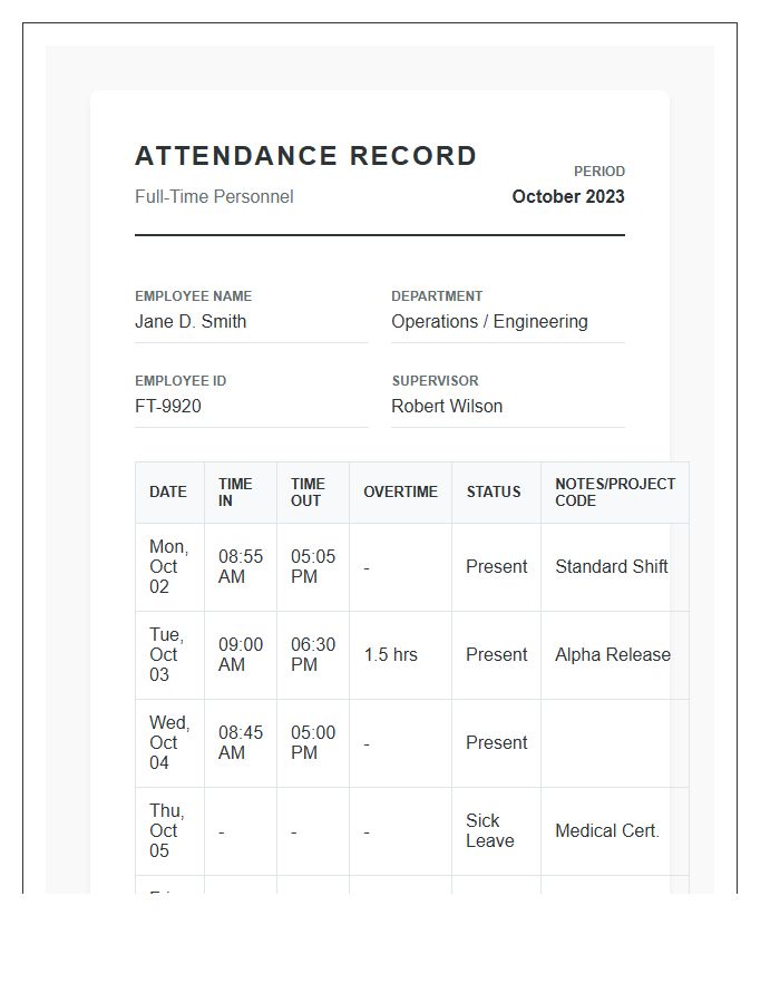 Full Time Employee Attendance Printable Chart