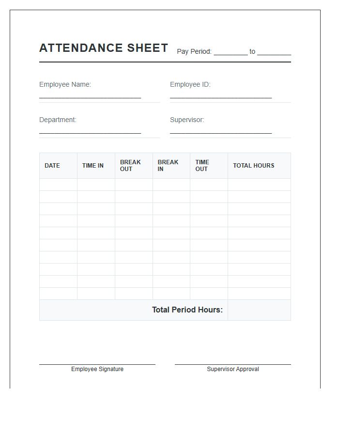 Hourly Employee Attendance Sheet Printable Chart
