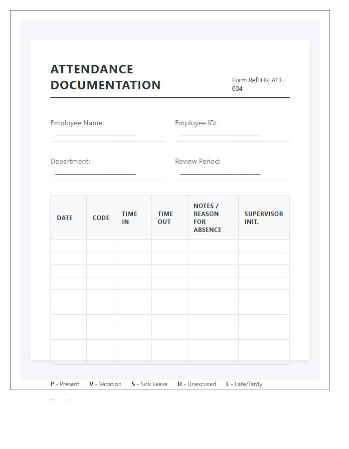 Human Resources Attendance Documentation Printable Chart