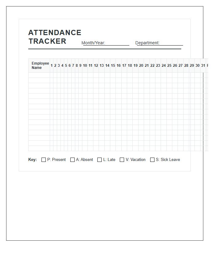 Monthly Employee Attendance Tracker Printable Chart