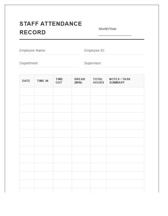 Part Time Staff Attendance Printable Chart