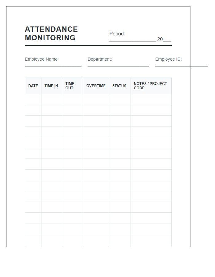 Professional Work Attendance Monitoring Printable Chart