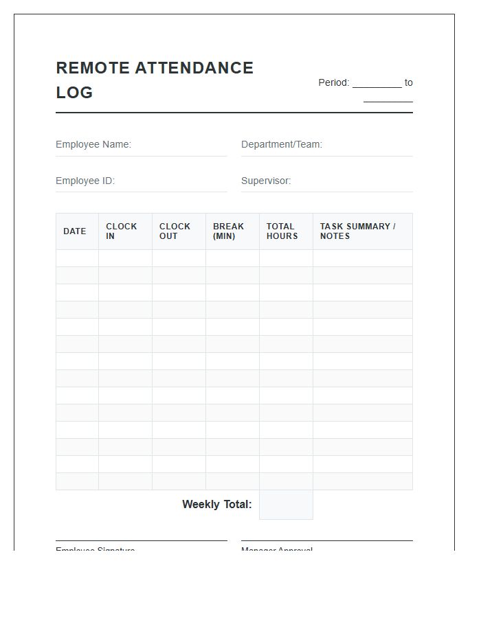Remote Employee Attendance Log Printable Chart