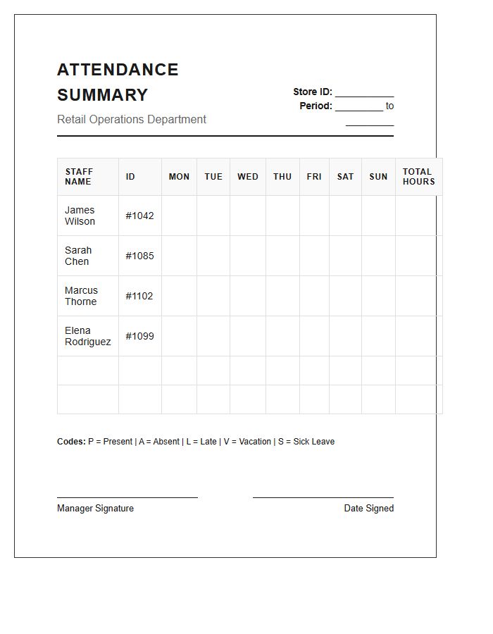 Retail Staff Attendance Summary Printable Chart