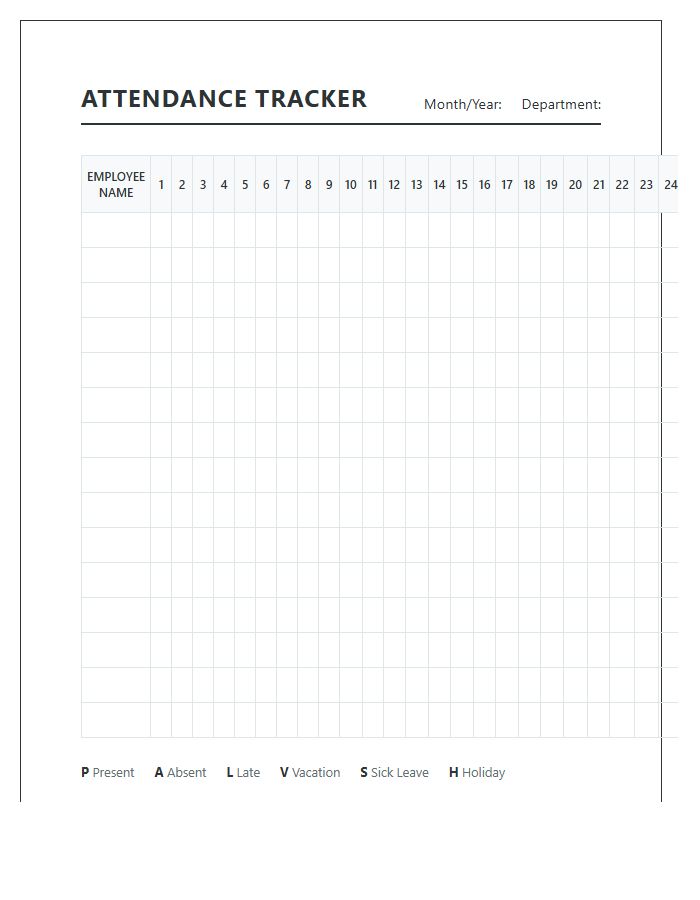 Small Business Attendance Tracker Printable Chart