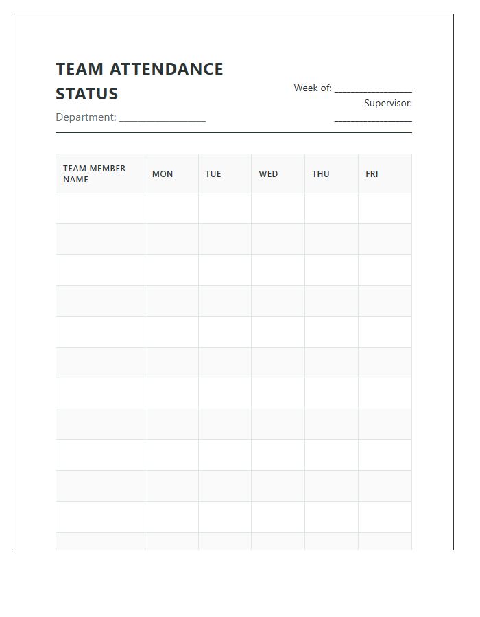 Team Member Attendance Status Printable Chart