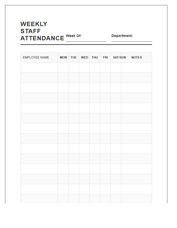 Weekly Staff Attendance Tracking Printable Chart