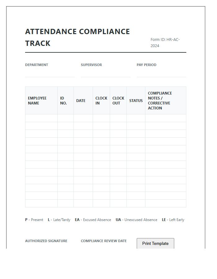 Workplace Attendance Compliance Tracking Printable Chart