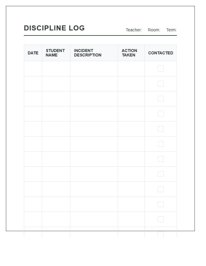 Classroom Discipline Tracking Printable Chart