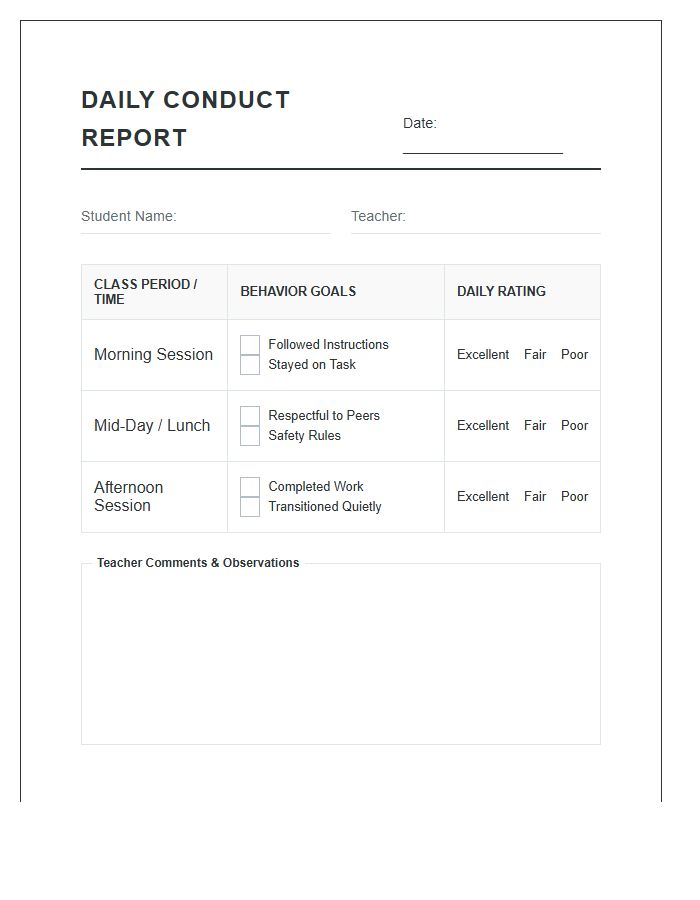 Daily Student Conduct Printable Chart