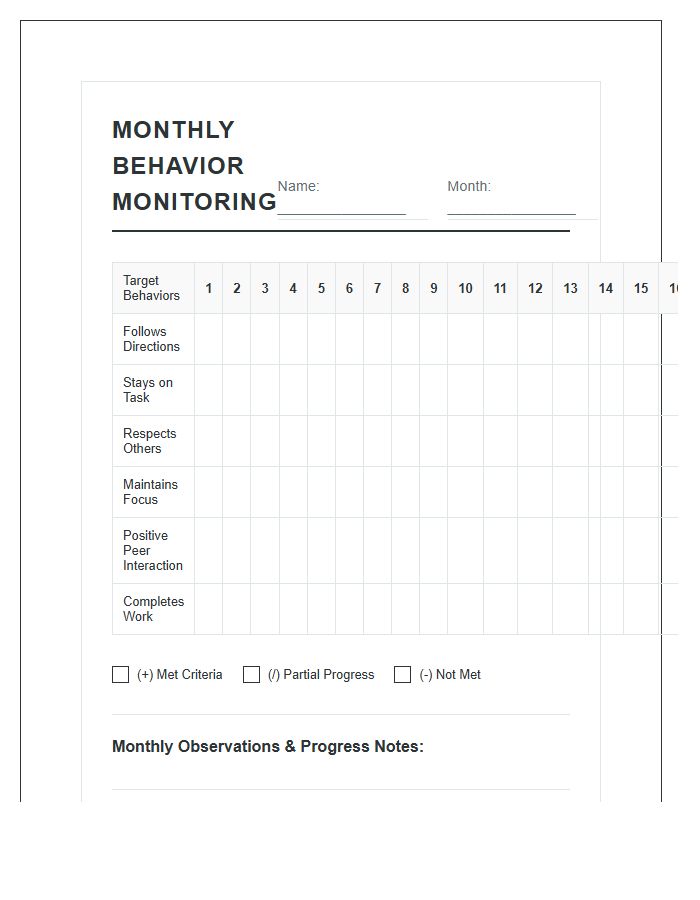 Monthly Behavior Monitoring Printable Chart