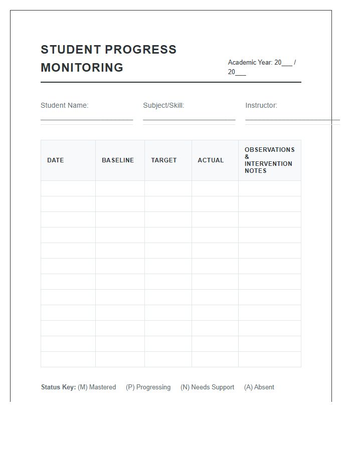 Student Progress Monitoring Printable Chart