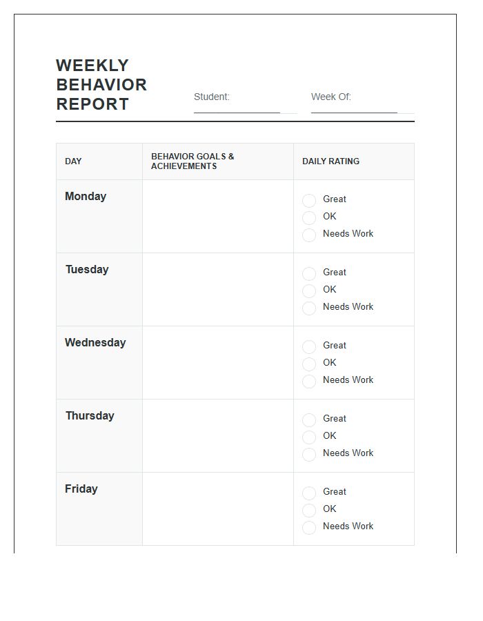 Weekly Student Behavior Printable Chart